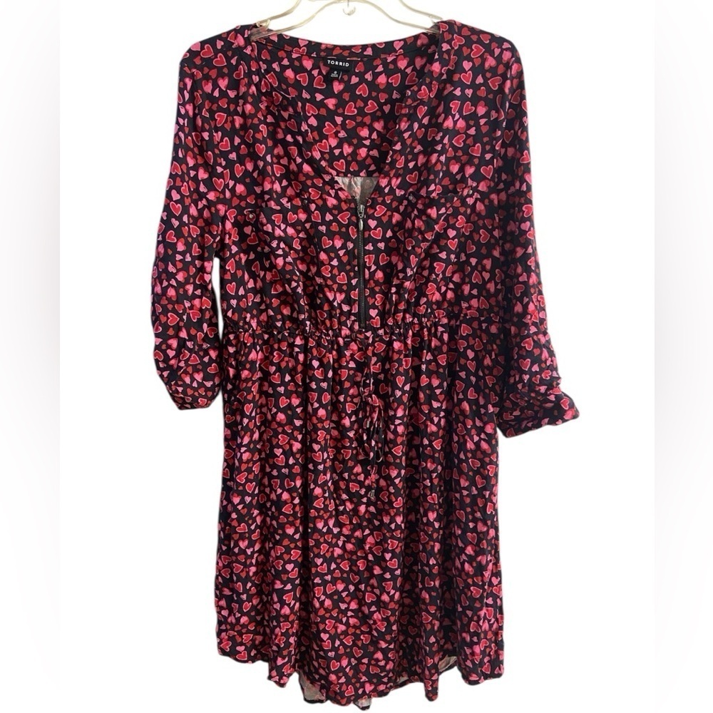 Torrid Shirt Dress Heart Print Zip Up Roll Sleeve Large